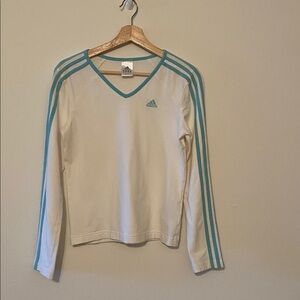 Adidas White and Turquoise V-Neck Long Sleeve Shirt, size small